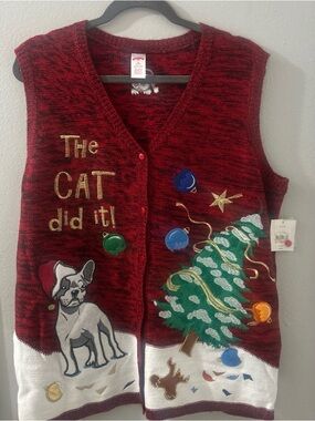 Holiday Time Vest Ladies Plus Size 1x(16W) Red Embroidered Cat Bulldog Theme